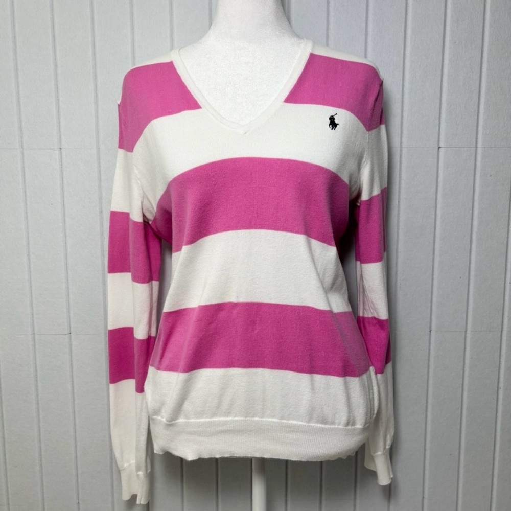 Ralph Lauren Sport V Neck Pink White Cotton 90’s vintage Sweater